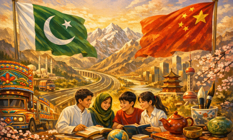 Pakistan and China flags celebrating 75 years of diplomatic friendship