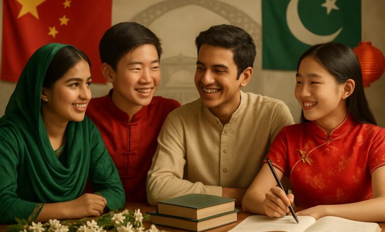 Pakistani and Chinese youth taking part in a cultural exchange event