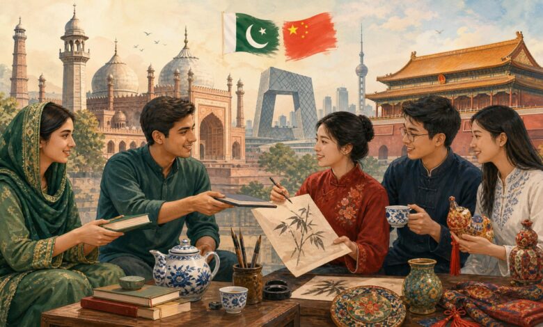 Pakistani and Chinese students and cultural delegates exchanging books, calligraphy and handicrafts