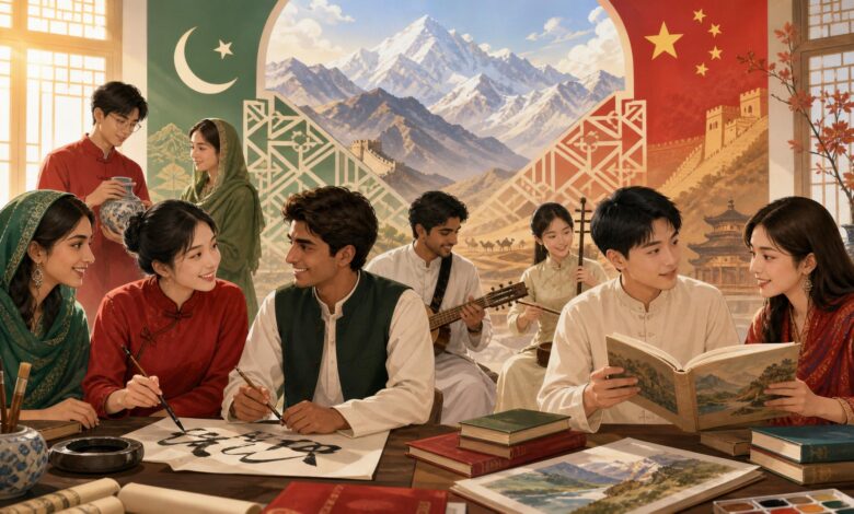 Pakistani and Chinese students exchanging books and cultural art, symbolising 75 years of Pakistan-China friendship.
