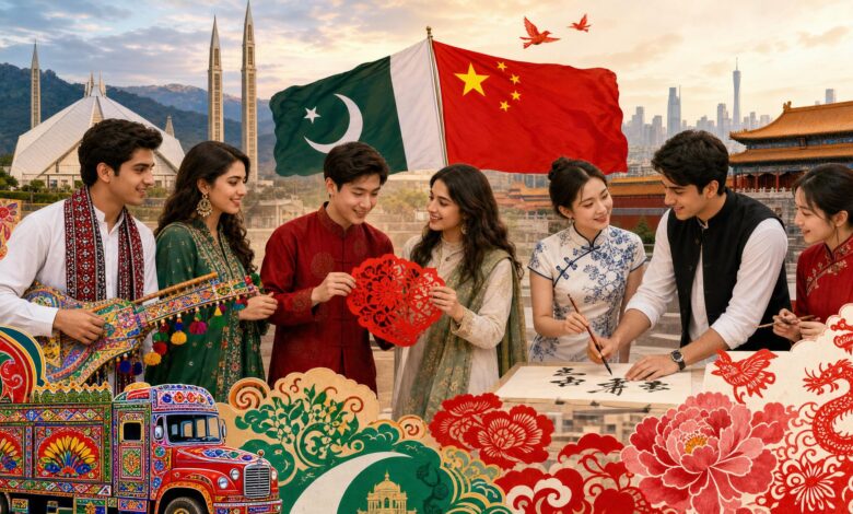 Pakistani and Chinese students and artists celebrating cultural friendship during the 75th anniversary of diplomatic relations